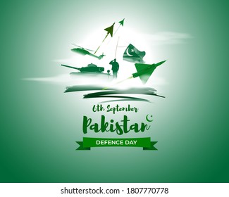 Vector Illustration Of Pakistan Defence Day, 6th September, Pakistan Flag, Soldier With Rifle And Helmet, Airforce Craft And Army Tank.