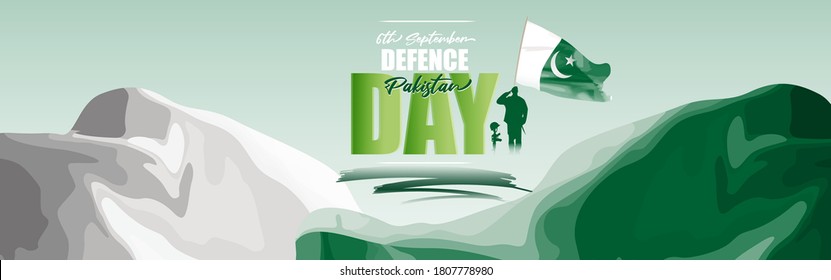 Vector Illustration Of Pakistan Defence Day, 6th September, Pakistan Flag, Soldier With Rifle And Helmet And Airforce Craft.