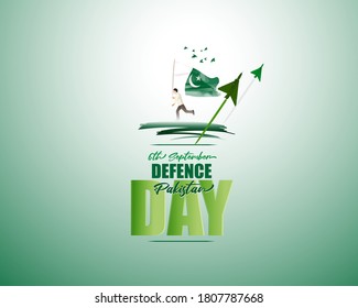 Vector illustration of Pakistan defence day, 6th september, boy with pakistan flag, birds and airforce craft.