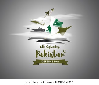 Vector Illustration Of Pakistan Defence Day, 6th September, Pakistan Flag, Soldier With Rifle And Helmet, Airforce Craft And Army Tank.