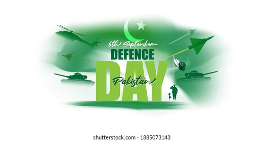 Vector illustration of Pakistan defence day, 6th september, pakistan flag, soldier with rifle and helmet, airforce craft and army tank.