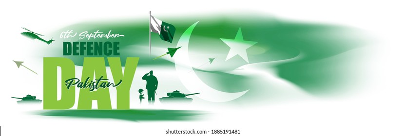 Vector Illustration Of Pakistan Defence Day, 6th September, Pakistan Flag, Soldier With Rifle And Helmet, Airforce Craft And Army Tank.