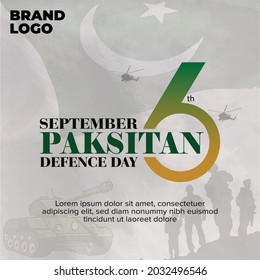 Vector illustration of Pakistan defence day, 6th september, pakistan flag, soldier with rifle and helmet, airforce craft and army tank. 