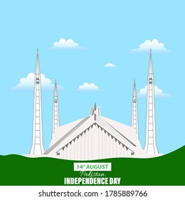 Vector Illustration of Pakistan Independence Day 14th August. Faisal Masjid a famous historical minaret