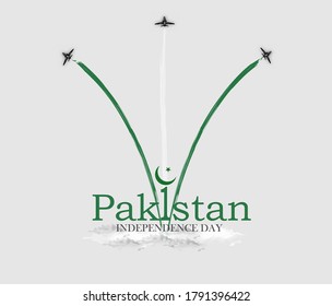 Ilustración vectorial del Día de la Independencia de Pakistán el 14 de agosto. Los aviones de combate están difundiendo los colores verde y blanco en el cielo   dedicando la bandera de Pakistán.