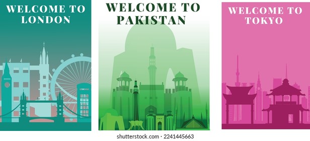 vector illustration Pakistan , London and Tokyo travel poster