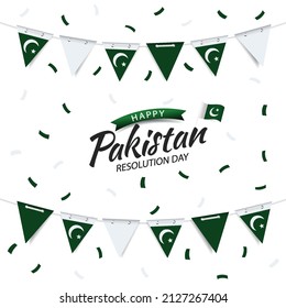 Ilustración vectorial del Día de la Resolución de Pakistán. Garland con la bandera de Pakistán en un fondo blanco.
