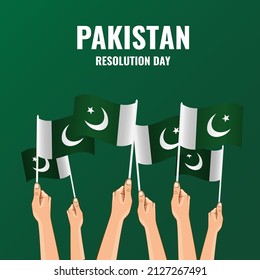 Ilustración vectorial del Día de la Resolución de Pakistán. Manos con banderas de Pakistán
