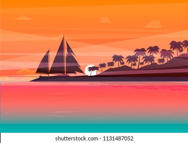vector illustration of pal island in tropical sunset and ship sailing in horizon