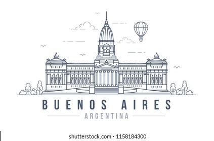 Vector illustration of the Palace of the Argentine National Congress in Buenos Aires. Line art style drawing of the famous landmark building in the capital of Argentina.