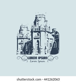 Vector illustration of palace in gothic style made in hand drawn style. Template for business card, poster and banner. 