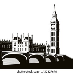 Vector illustration of the Palace of Westminster, Elizabeth Tower (Big Ben) and Westminster Bridge. EPS 10