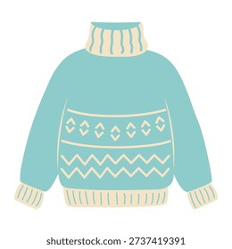 Vector illustration of a pale blue turtleneck sweater with contrasting cream trim and a geometric Nordic knit pattern.