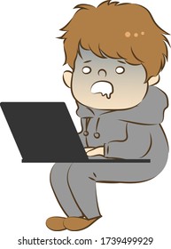 vector illustration of pale face and stunning boy and Using PC