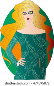 Vector illustration of a pale goth girl with long golden hair in dark green clothing - dark princess icon