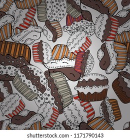 Vector illustration. Pale white, brown and black seamless pattern with cupcakes. Cute birthday background on white, brown and black. Sweets background design.