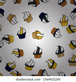 Vector illustration. Pale yellow, black and white seamless pattern with cupcakes. Cute birthday background on yellow, black and white. Sweets background design.
