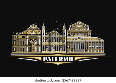 Vector illustration of Palermo, dark horizontal card with linear design palermo city scape on nighttime starry sky background, european urban line art concept with unique lettering for text palermo