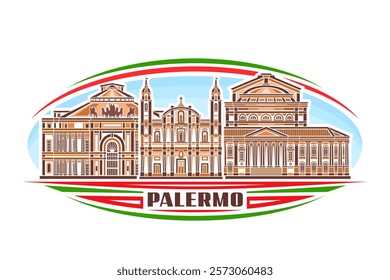 Vector illustration of Palermo, horizontal oval sign with linear design famous palermo city scape on day sky background, european urban line art concept with unique lettering for brown text palermo