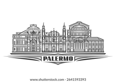 Vector illustration of Palermo, monochrome horizontal card with linear design palermo city scape, historical urban line art concept with decorative lettering for dark text palermo on white background