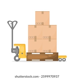 A vector illustration of a pallet jack with stacked cardboard boxes, representing logistics and warehouse operations.