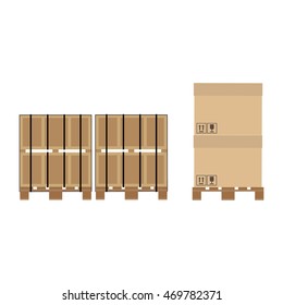Vector illustration pallet for transport and storage crates, cardboard boxes. Packed crates