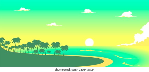 vector illustration of palm beach at sunrise ,ocean waves and cloudy sky