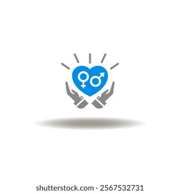 Vector illustration of palm care hands and heart with gender male female symbols. Icon of HRT Hormone Replacement Therapy. Pictogram of love and sex.