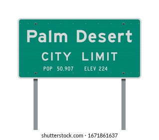 Vector illustration of the Palm Desert City Limit green road sign on posts