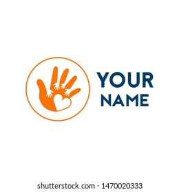 Vector illustration of a palm with five more palms and a heart. Vector orange symbol in circle on white background. A template for your own symbol.