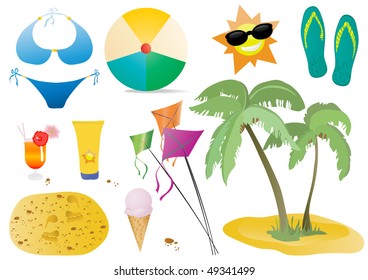 Vector illustration of palm, kite, ice cream, sun, flip-flops, ball, cocktail, blue swimsuit, sand, cream for body