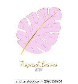 Vector illustration of a palm leaf pink with gold on a white background. A creative flyer for creating collages and designs. Trending tropical illustrations