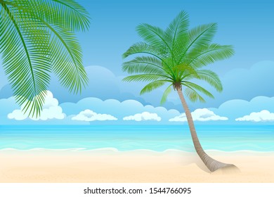 Vector illustration - palm on a beach. Sand, ocean on background.