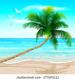 Vector illustration of Palm on the beach. Used transparency and blending mode. Objects are grouped and layered, easy to edit.