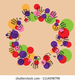 Vector illustration of palm prints. Background of color prints of hands. Hand drawn doodle colored palms prints on the Indian holiday Holi.