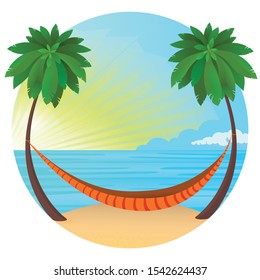Vector illustration. Palm, sand, ocean on background. Hammock on beach relaxing.