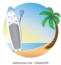 Vector illustration. Palm, sand, ocean on background. Stand up paddleboarding.