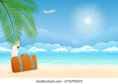 Vector illustration. Palm, sand, ocean on background. Cockatoo on the suitcase. Traveling by plane.