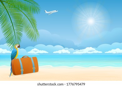 Vector illustration. Palm, sand, ocean on background. Parrot on the suitcase. Traveling by plane.