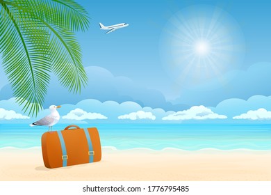 Vector illustration. Palm, sand, ocean on background. Gull bird, pattern. Traveling by plane.