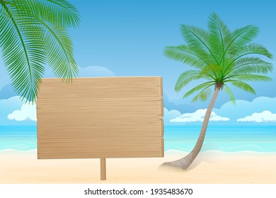 Vector illustration - Palm, sand, ocean on background. Banner, site, poster template with place for your text.