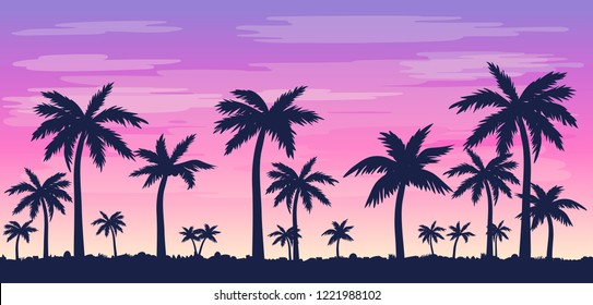 Vector illustration with palm silhouettes and beautiful sky.