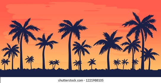 Vector illustration with palm silhouettes and beautiful sky.