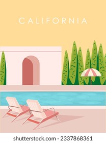 Vector illustration. Palm Springs, California, USA. Design for poster, postcard, travel banner. Beach club, swimming pool, sun loungers, beach umbrellas. Pink color.