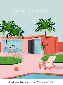 Vector illustration. Palm Springs, California, USA, America. Pink house with swimming pool, design for poster, banner, package design, background.