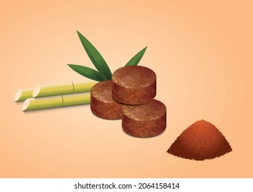 vector illustration of palm sugar, sugar cane and powdered sugar on a light brown background