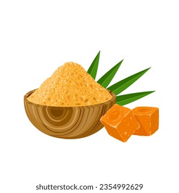 Vector illustration, palm sugar or jaggery in a wooden bowl, also called raw sugar, isolated on white background.