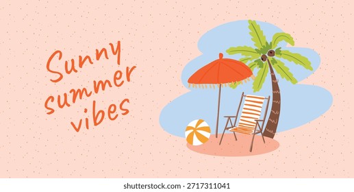 Ilustración vectorial con palmera, sombrilla de playa, tumbona a rayas y bola sobre textura arenosa. Tarjeta tropical juguetona con vacaciones, relajación y tema de viaje. Para el Anuncio, saludo, impresión, Web