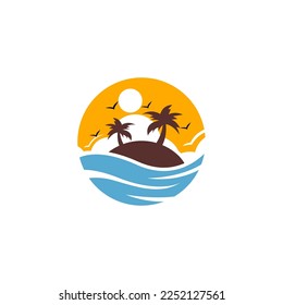 Vektorgrafik von Palmen, Kokospalmen, Sonnenuntergang, Strand, Sommer, Landschaft. Vektordesign perfekt für Logos, Websites, Apps, Elemente, Banner, Flyer usw.