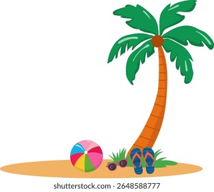 Vector illustration with palm tree, colorful beach ball, flip-flops and sunglasses lying on the sand.